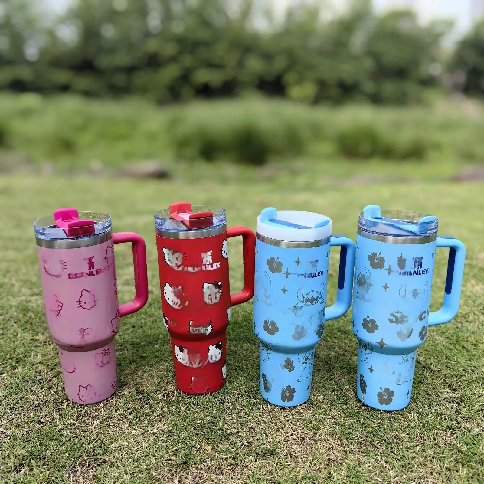 Stan*ey 40oz Stainless Steel Dual Wall Tumbler Pink Cartoon Design Insulated Water Bottle for Kids for Tea Gift with Straw Lid