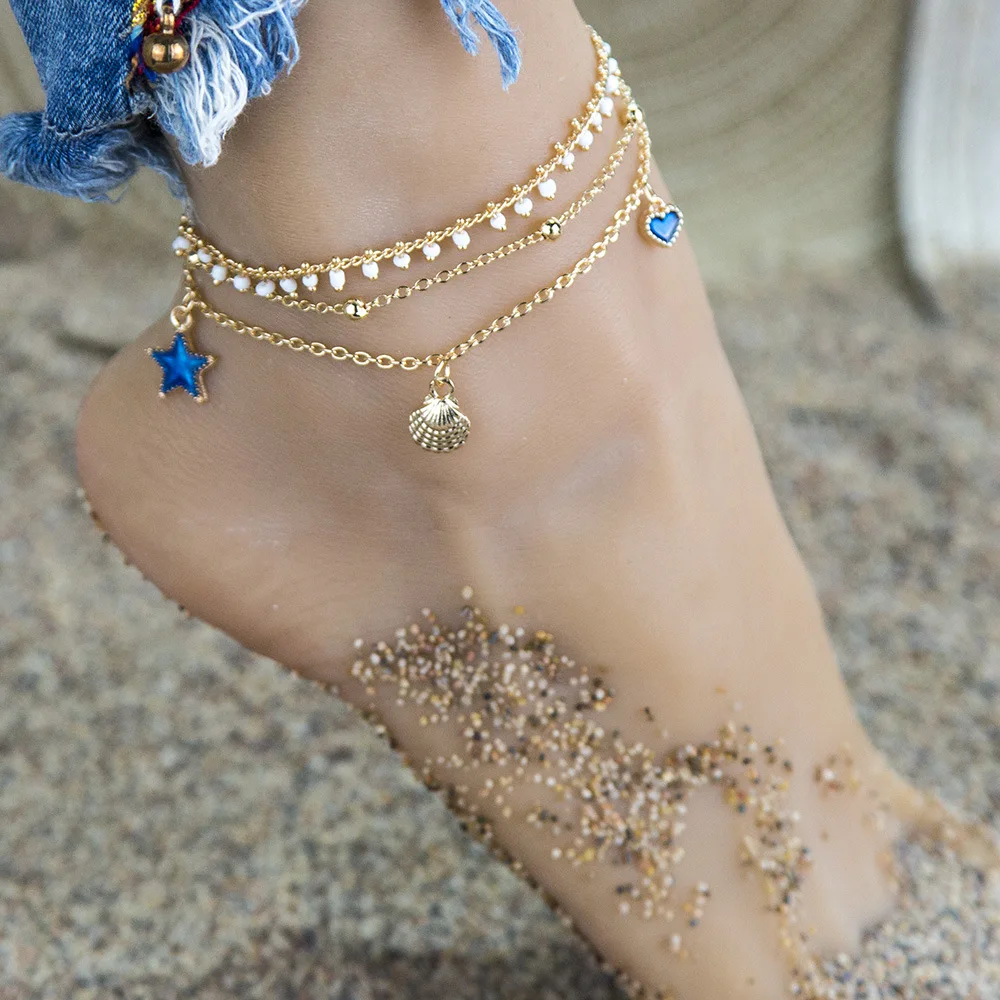Boho Beach Jewelry Anklet Fashion Jewelry Beach Ocean Blue Heart Star Ankle Multilayer Beads Shell Anklets For Women