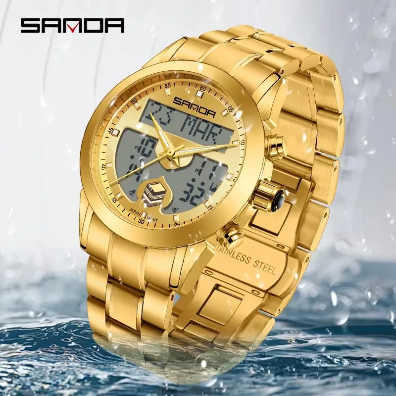 SANDA 6204 Men Quartz Watches Fashion Elegant Arabic Tidal Direction Indication Trendy Chronograph Stainless Steel Strap Watches