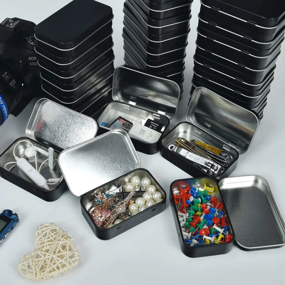 Square rectangular can Custom hinged metal box Matte black tin container White silver metal can box