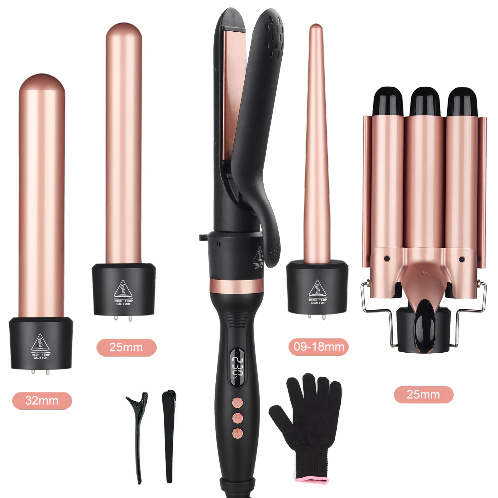 Professional Salon 5 In 1 Curl Waver Wand Curling Iron Ceramic Ionic Triple Rotating 3 Barrel Hair Curler