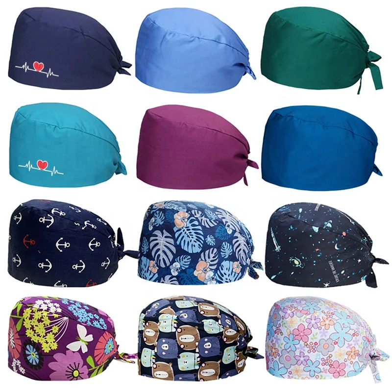 Vaulyer Cotton Working Caps With Button And Sweatband Adjustable Bouffant Hats Women Men Nurse Scrub Caps