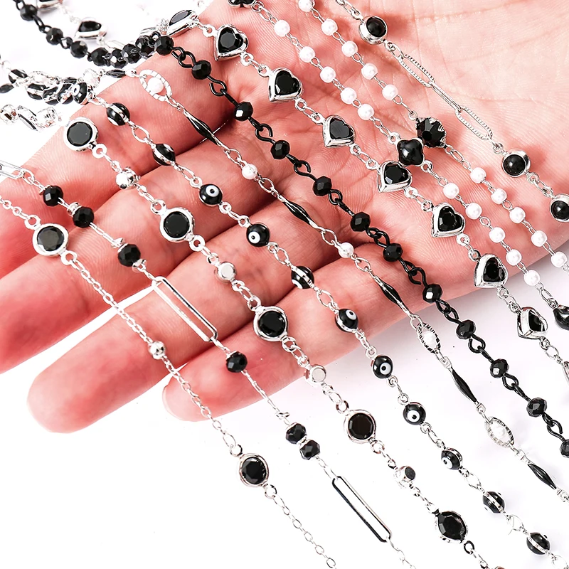 1metre 12 styles copper black glass zircon arrangement trim metal chain stitched for Wedding Dress bag decoration accessories Y7