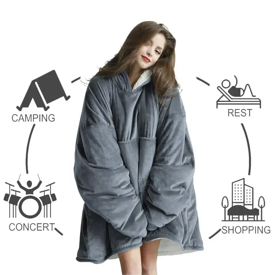 Nature warm soft sherpa large pocket wearable reversible hoodie watch TV oversized sweatshirt blanket