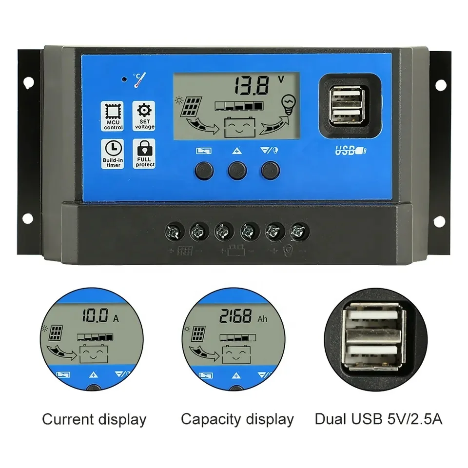 Solar Charge Controller input voltage PWM Auto 12V 24V 10A 20A 30A 40A 50A 60A LCD Dual USB Solar Panel System Regulator