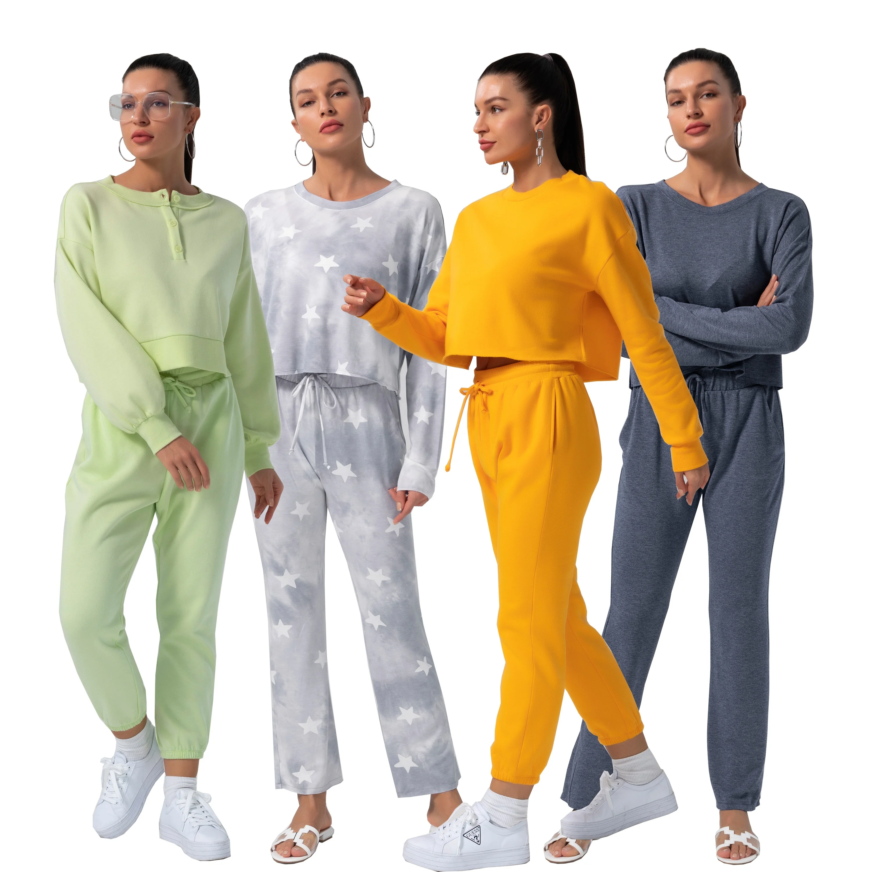 Women Casual Long Sleeve Crop Top Neon Drawstring Waist Long Sweat Pants Hoodie Suit Sets Fall Set Woman Two Piece Outfits