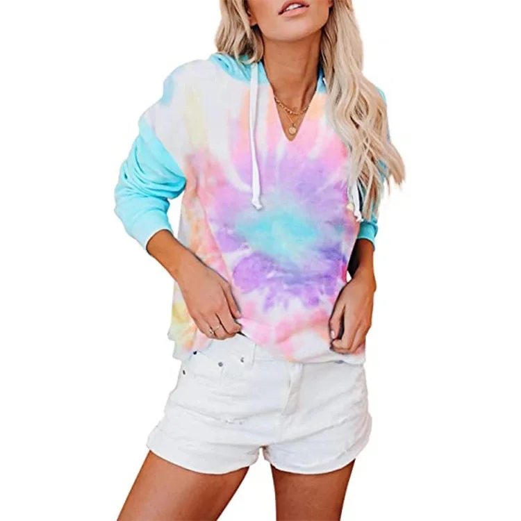 Long Sleeve Outerwear Shirts Loose Korean Style Hooded Tops Sweatshirts Print Casual Pullover Hoodies Tie-Dye Neck Blouse