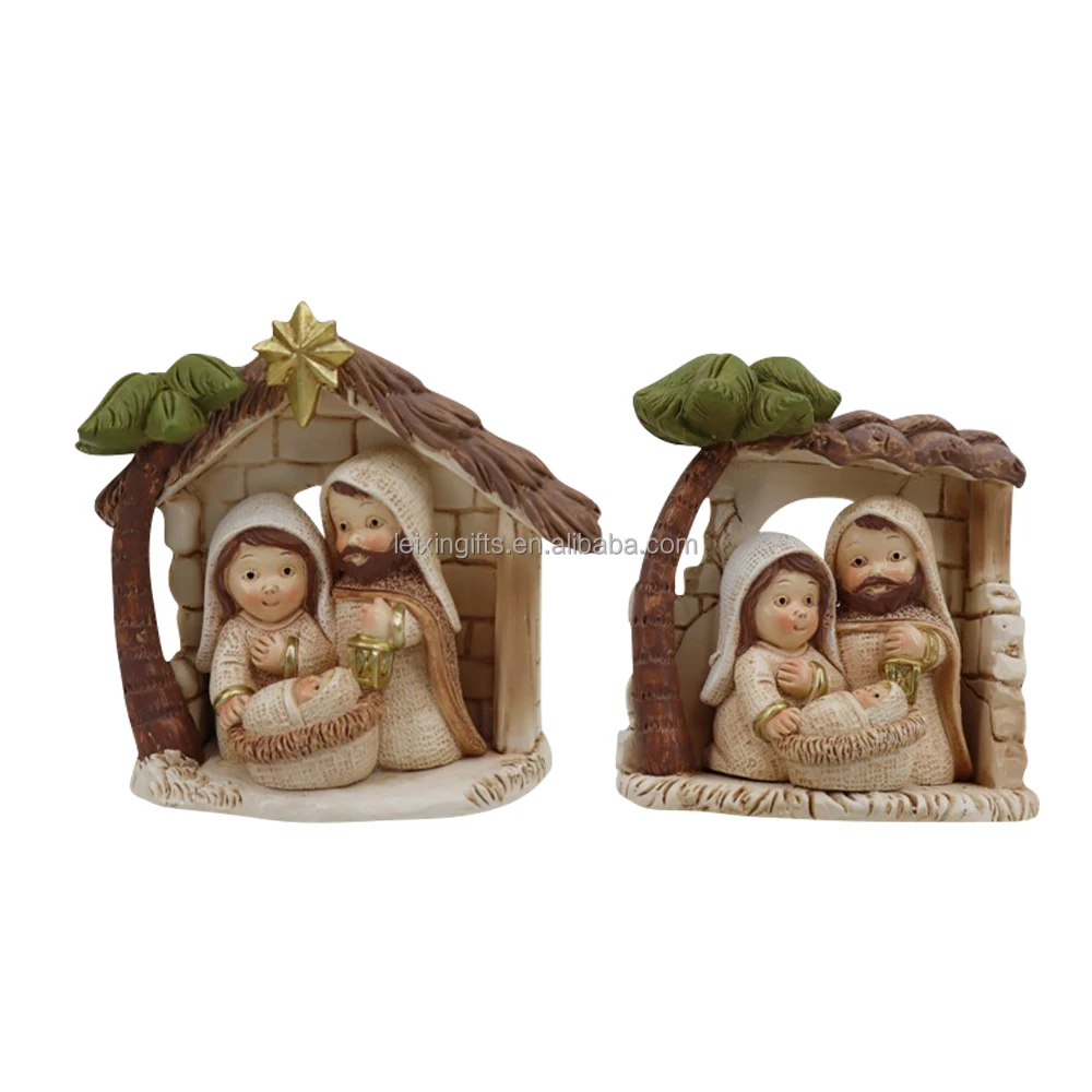 Holy Family Painted Resin Miniature Nativity in Stable Figurine Christmas Nativity Figurine Set with Lambs and cow Figurines