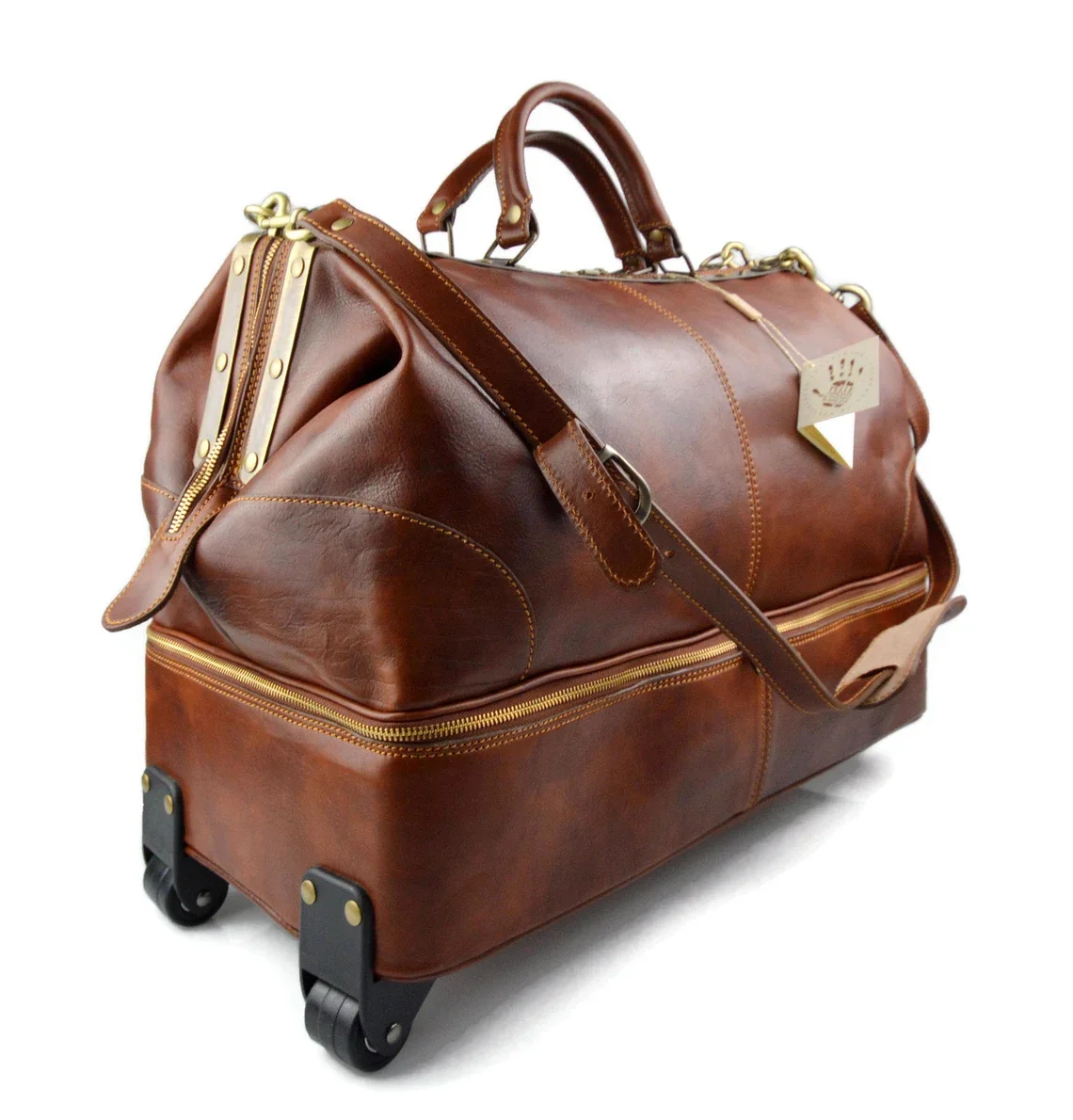 Leather Weekender Suitcase Leather Travel Bag with Trolley Brown Airplane Carry On