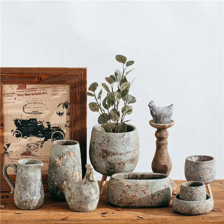 Retro Style Handmade Decal Design Jug Shape Home Goods Decorative Cement Decor Vase Flower Vases with Handle