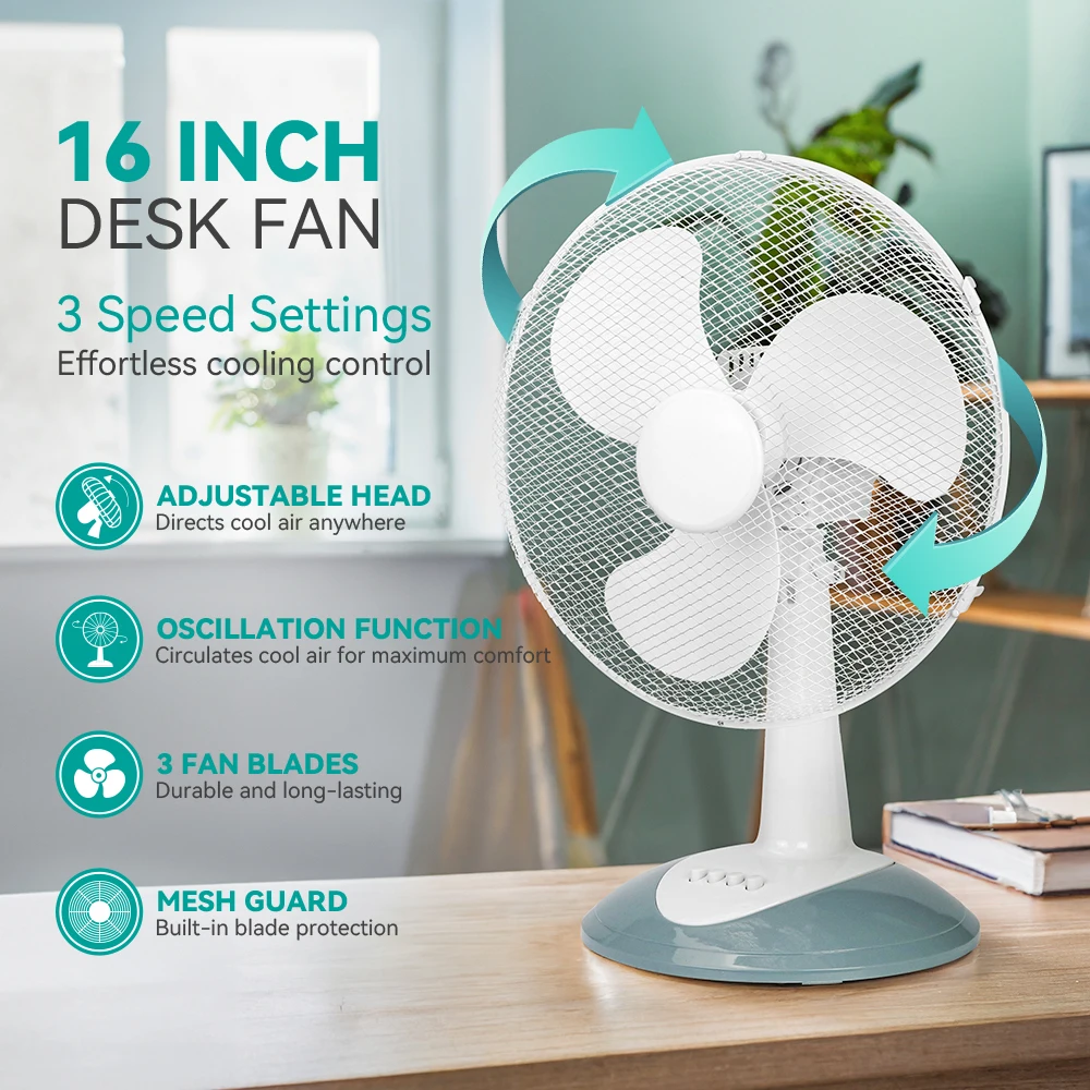 High Quality 3 Speeds Electric Oscillating Table Fan Air Outdoor Cooling Fan Basic Household Use 16 Inch Desk Table Fan