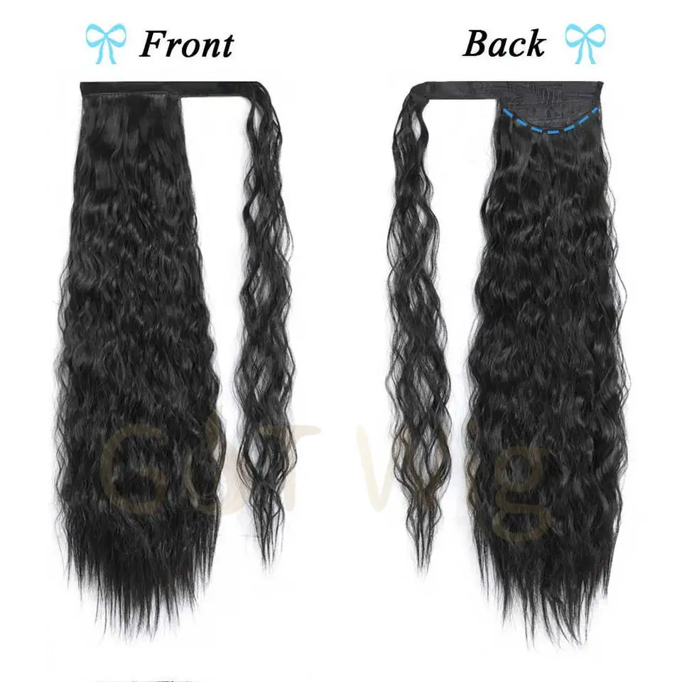 G&T Wig Long Corn Wave Ponytail Extension Synthetic Wrap Around Ponytail Black Curly Hairpiece for Women (1B,22 inch)