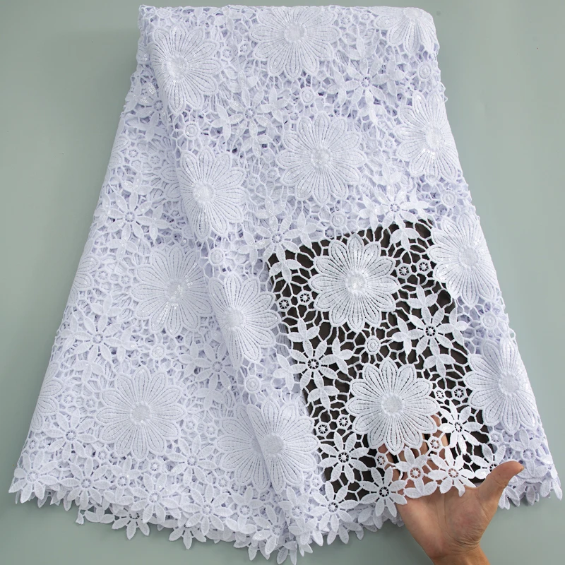 Pure White Designs African Cord Lace Fabric with Sequins High Quality Water Soluble Soft Cord Lace for Women Party Dresses 3610