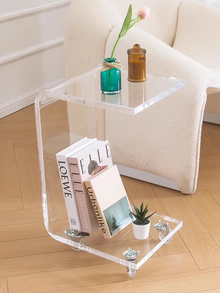 2023 Factory Wholesale Modern Lucite Bedside Table Clear Acrylic Trolley Table C Shape Side Table