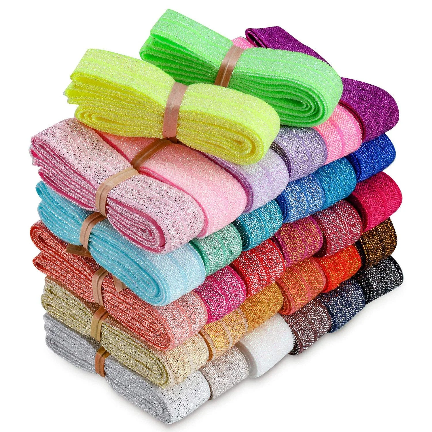 Glitter Metallic Fold Over Elastic Stretch FOE Elastic band for Hair Tie 5/8 Inch Wide Headband Elastic