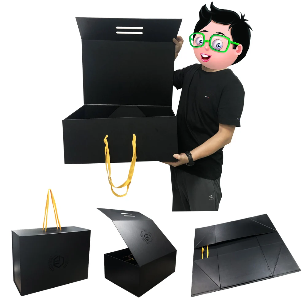 Wholesale Custom Luxury Paper Packaging Magnetic Necklace Jewelry Wig Shoe Clothes Perfume Black Gift Folding Boxes With Ribbon