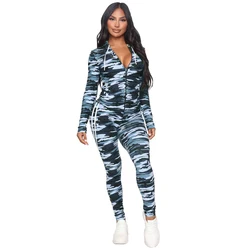 Women Autumn Winter Coat Pants Suit Zipper Design Clothing Camouflage Printed Two Piece Set