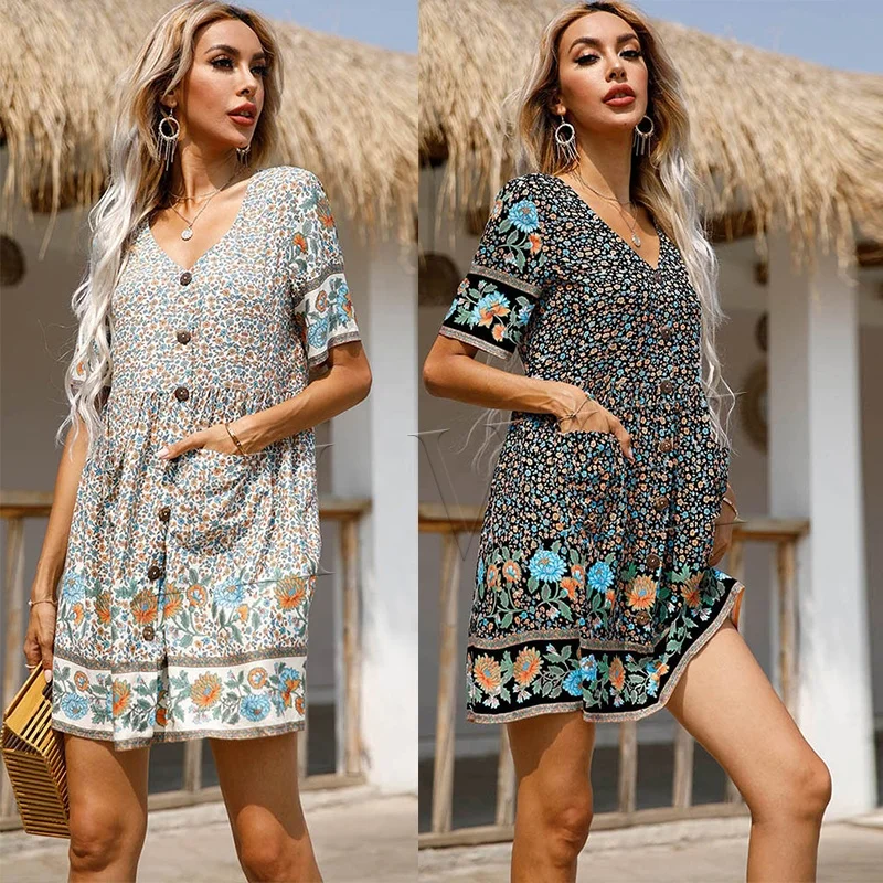 Женское короткое платье с цветочным принтом, Повседневное платье из искусственного шелка в богемном стиле с коротким рукавом и V-образным вырезом, лето 2022