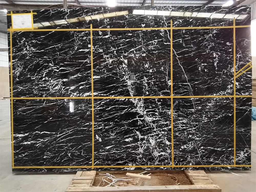 Polished Silky Black Marbels Tile Wall Island And White Striped Marble Natural Chinese Nero Black Marquina Slabs Stone Price