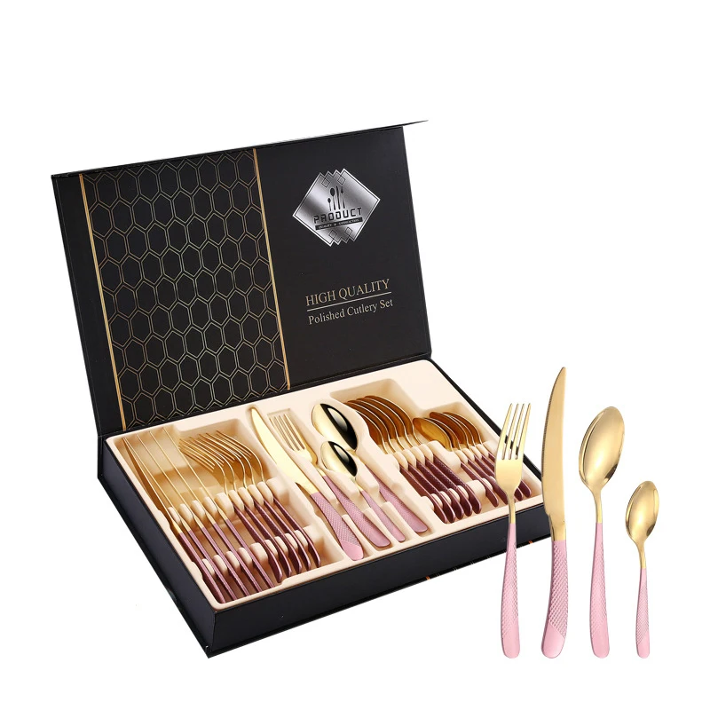 Cubiertos Dorados Metal 24 Pcs Flatware Set Knife Fork Spoon Stainless Steel Cutlery Set With Gift Box