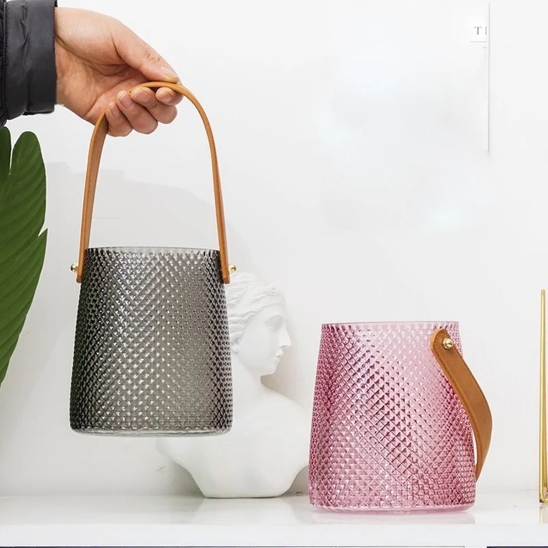 Nordic Simple Portable Vase Leather Glass Storage Jar Creative Home Flower Glass Handbag Vase