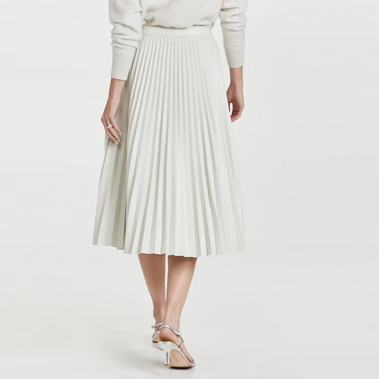 Factory wholesale ladies high waist solid skirts custom faux leather pleated detail midi women skirts casual