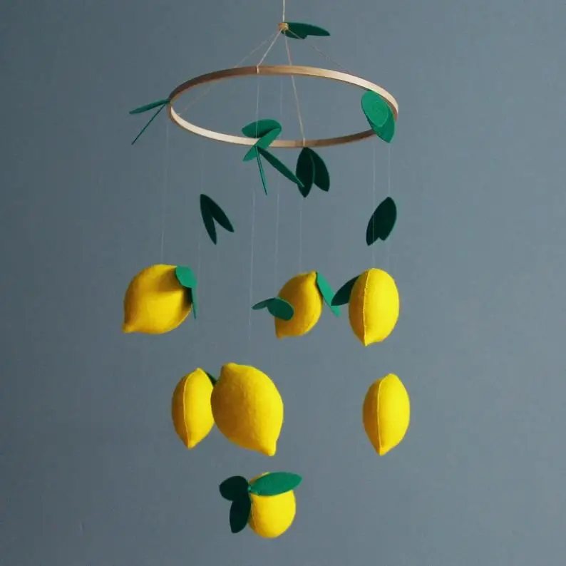 
Tropical lemon green leaves accessories hanging supplies musical nursery wooden frame felt baby crib mobile 
