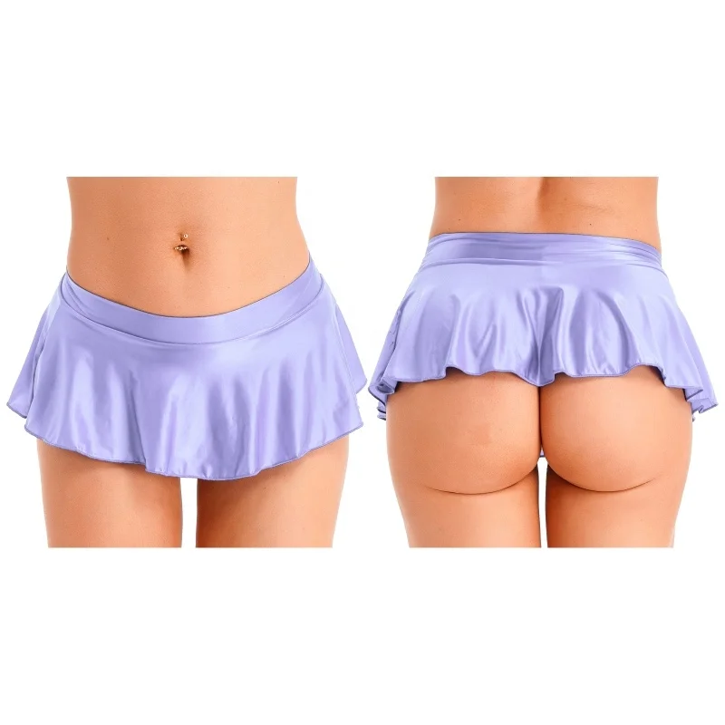 Womens Glossy Ruffled Skirt Solid Color Nightwear Pool Party Beach Bikini Bottoms Cover Ups Low Rise Miniskirt