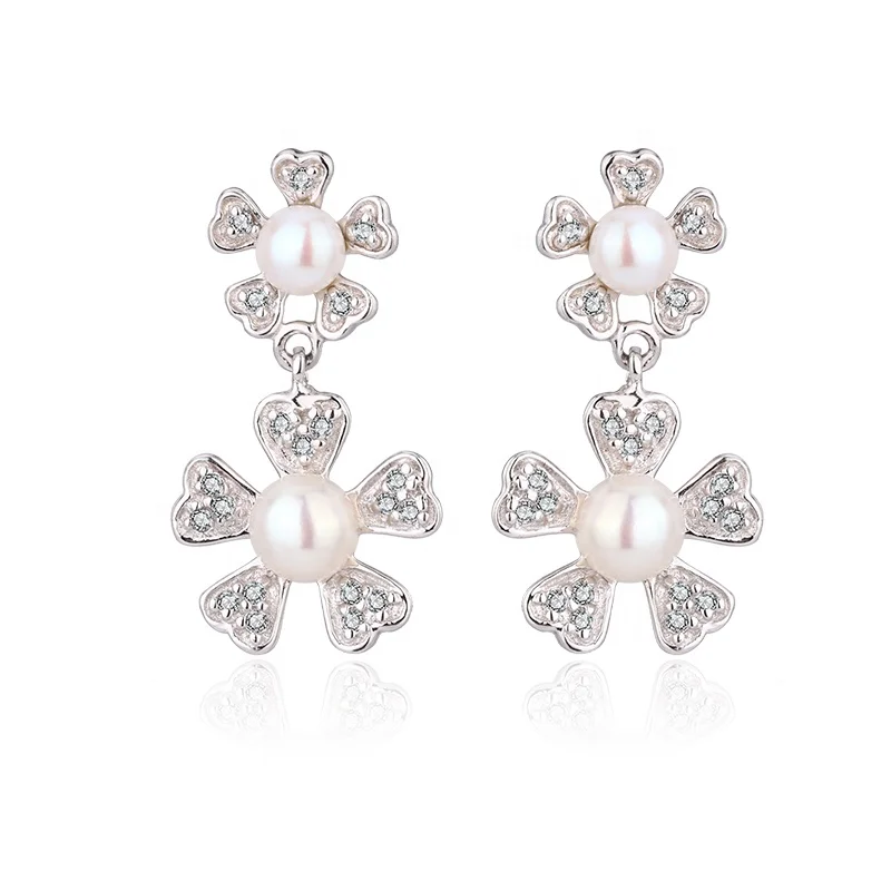 KAMMY 4-5.5mm Custom Vintage Fashion Dangle Macrame Flower Zircon 925 Silver Pearl Drop Earrings Designs For Girls