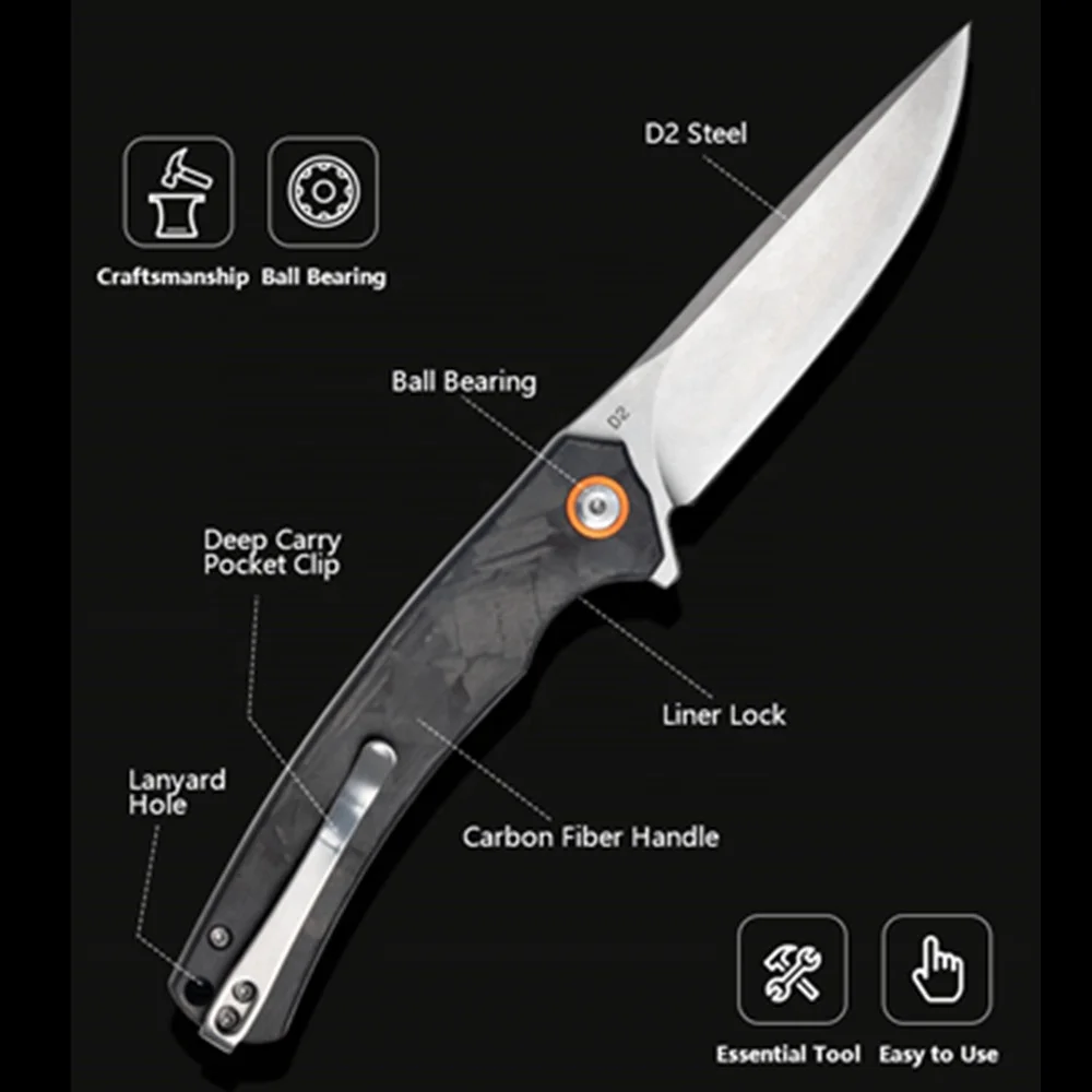 Camping Tools Hunting Knife Survival Outdoor Knife D2 Steel Carbon Fiber Handle EDC Pocket Knife