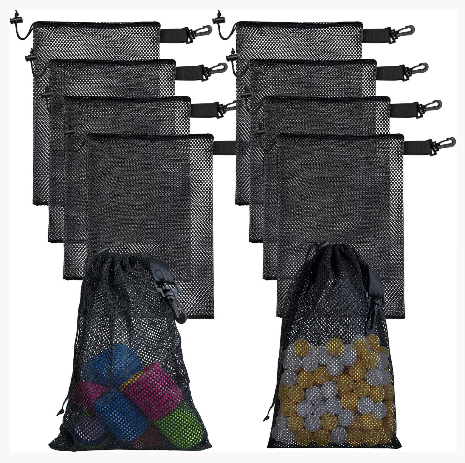 Strong Mesh Bag with Clips Nylon Drawstring  Bag with Cord Lock for Laundry Swimming Collecting Toys Sports Gym Beach Travel