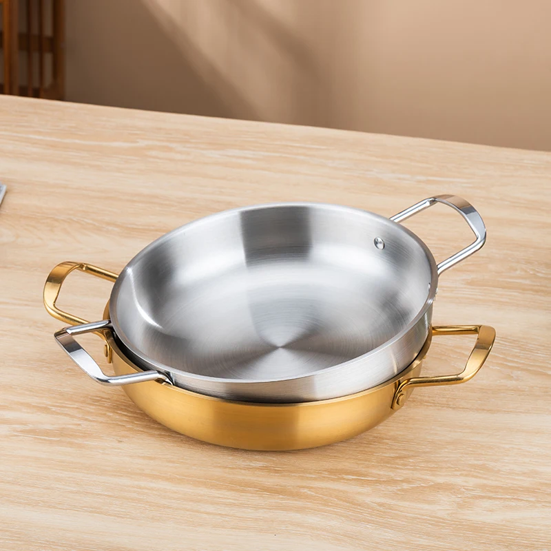 Drop Shipping Korean Double Handle Hot Pot Japan Ramen Pot Seafood Pot Gold Paella Pan Stainless Steel Noodle Pan