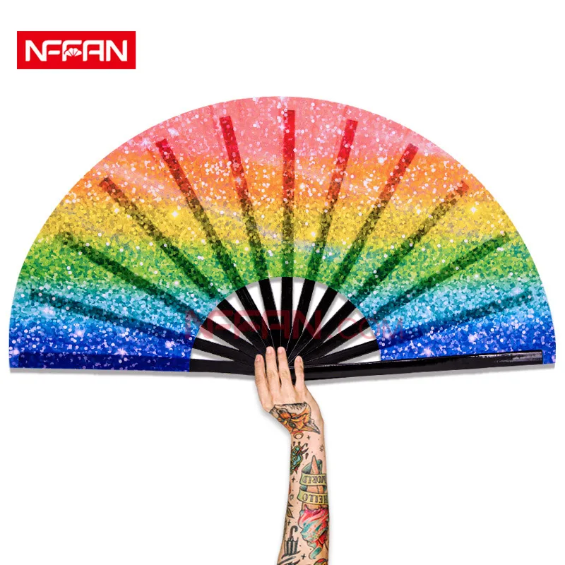 UV Reflective 33cm Large Bamboo Fabric Rave Hand Fan Disco Dancing Festival Clack Folding Fan
