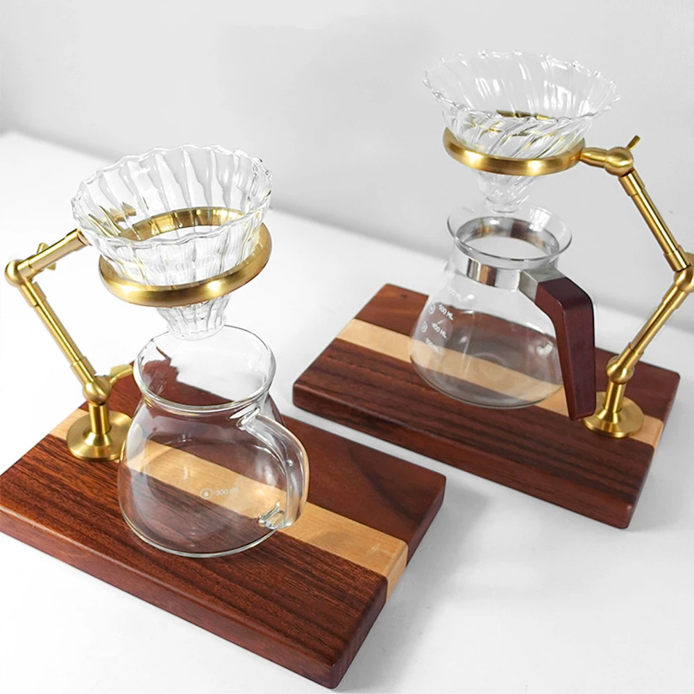 Brass Adjustable Bracket Coffee Percolator Holder Stand Ecocoffee Pour Over Hand Dripper Station With Wooden Base
