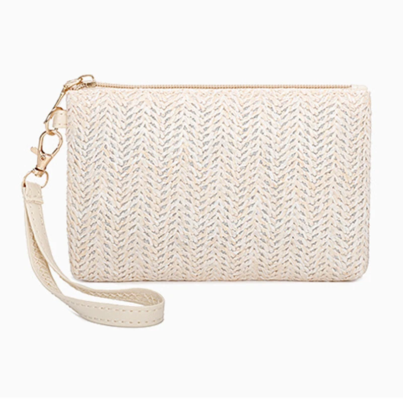 Latest Recyclable Woven Rattan Purse Wallet with Zipper Polyester Wrist Strap for Beach Mobile Phone Bag Women Straw Clutch