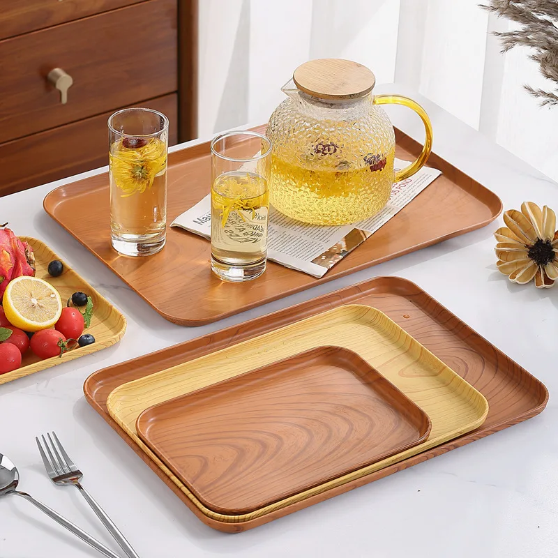 Large Capacity Disposable Rectangular Tray Wheat Straw PLASTIC Oak Grain Modern Dim Sum Dessert Fruit Tray Tea Set Barbecue