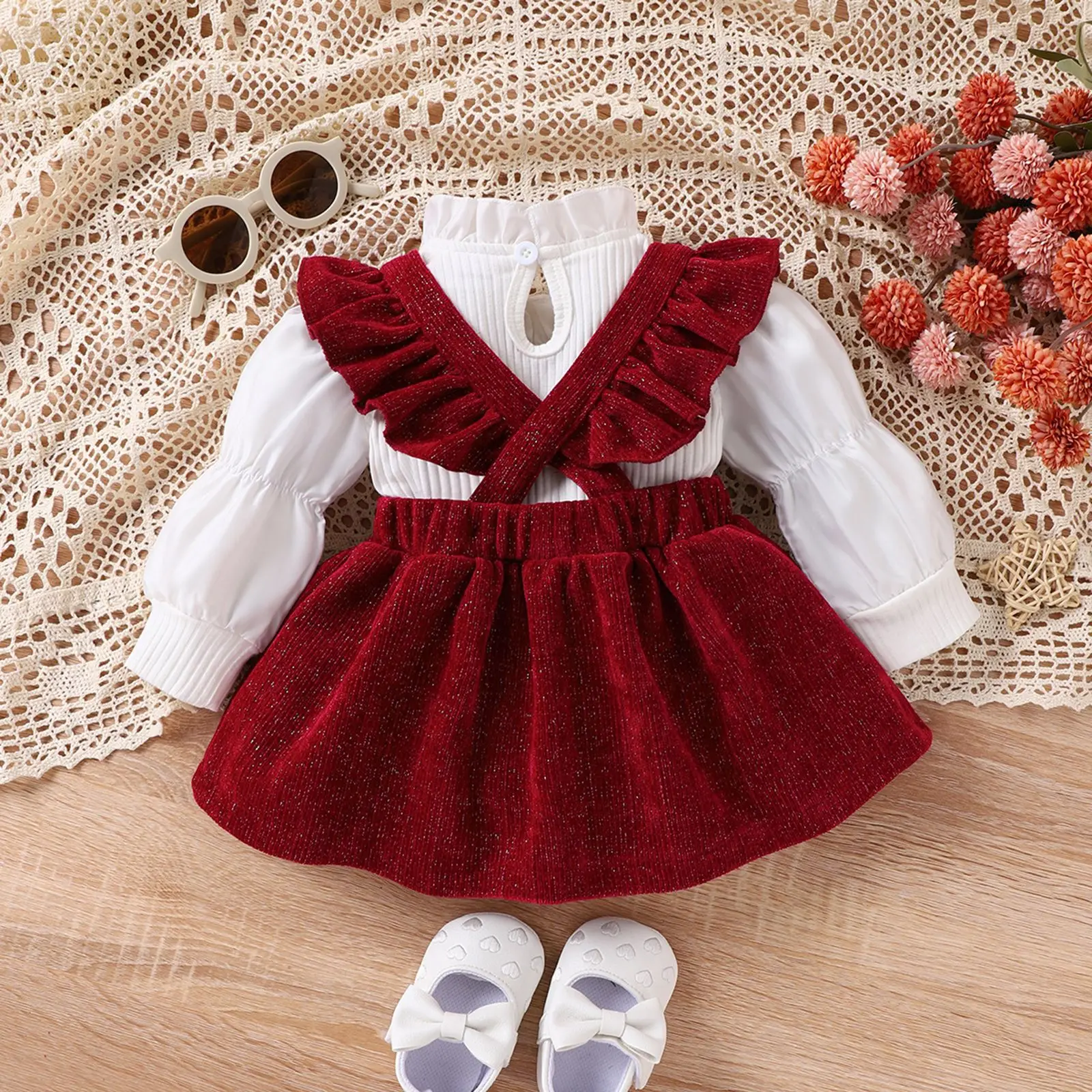 2024 Girl Winter Clothing Sets White Lace Collar Top Corduroy Bow Red Dress Toddler Newborn Christmas Wear Fall Baby Clothes
