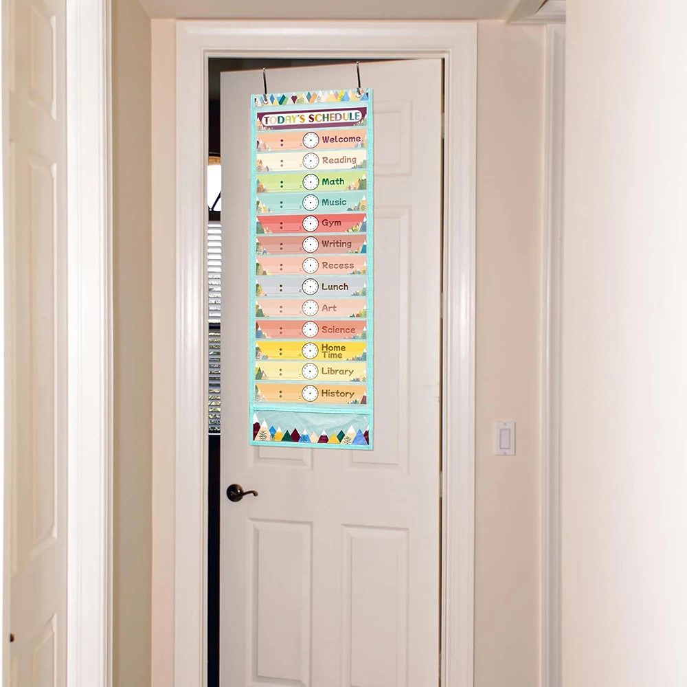 Daily Schedule Pocket Chart 13+1 Pockets Reusable Cards Classroom Pocket Charts with 2 Hangers