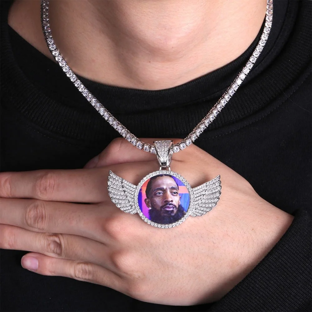 New Custom Made Photo Angel Wings Charms Pictures Pendants Gold Silver Color Bling Iced Out Cubic Zirconia Women Hip hop Jewelry