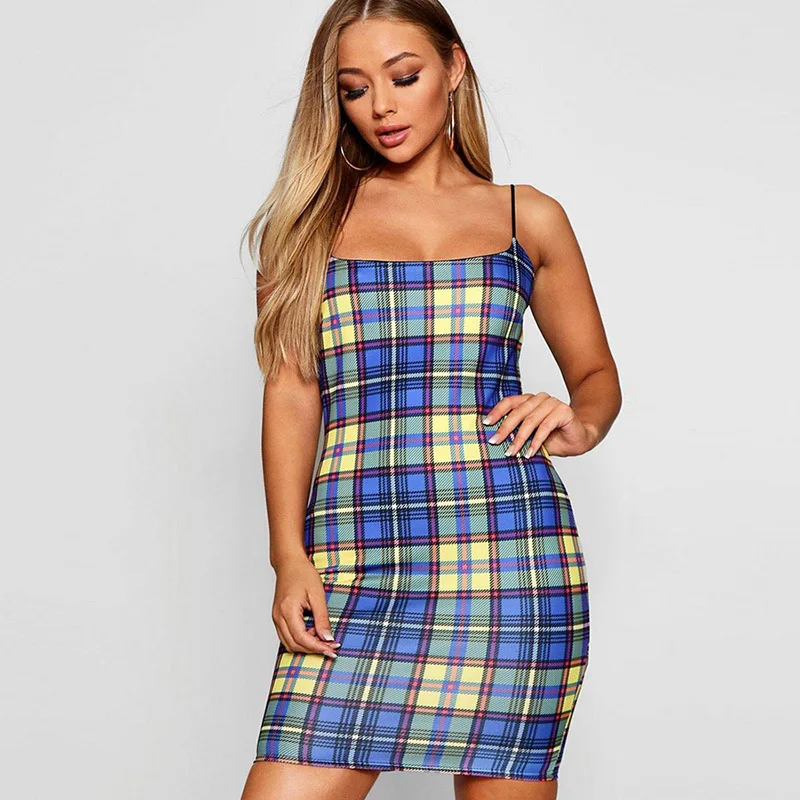 New Arrivals Summer Cute Party Club Women Casual Backless Shoulder Strap Patchwork Gingham Mini Dress
