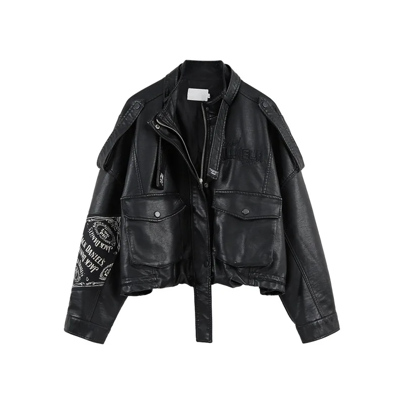 
Wholesale custom logo printed spring black long sleeve faux pu leather cropped bomber ladies women jackets with zipper 