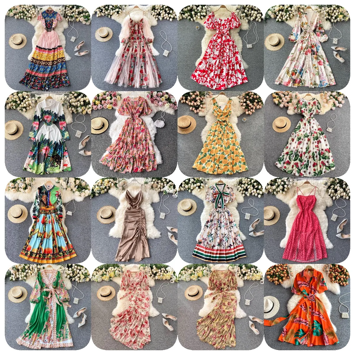 Factory wholesale summer European and American stunning fashion lapel waist slim positioning printed a-line pleated dress