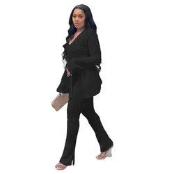 Custom Logo 2 Piece Set Fall Amazon Flared Sleeve Legging Pants T-Shirt Top Outfits Women V-Neck Suit Solid Color Two Piece Set