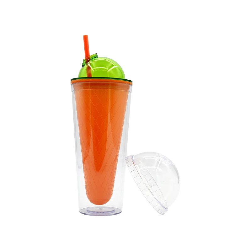 Customized Transparent Juice Mug Promotional 15oz Double Walled Plastic Ice Cream Tumbler Mug With Straw