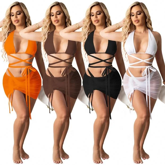 S8130-Women Sexy Halter Bandage Bikini Swimsuit Suit And Skirt 3 Piece Set