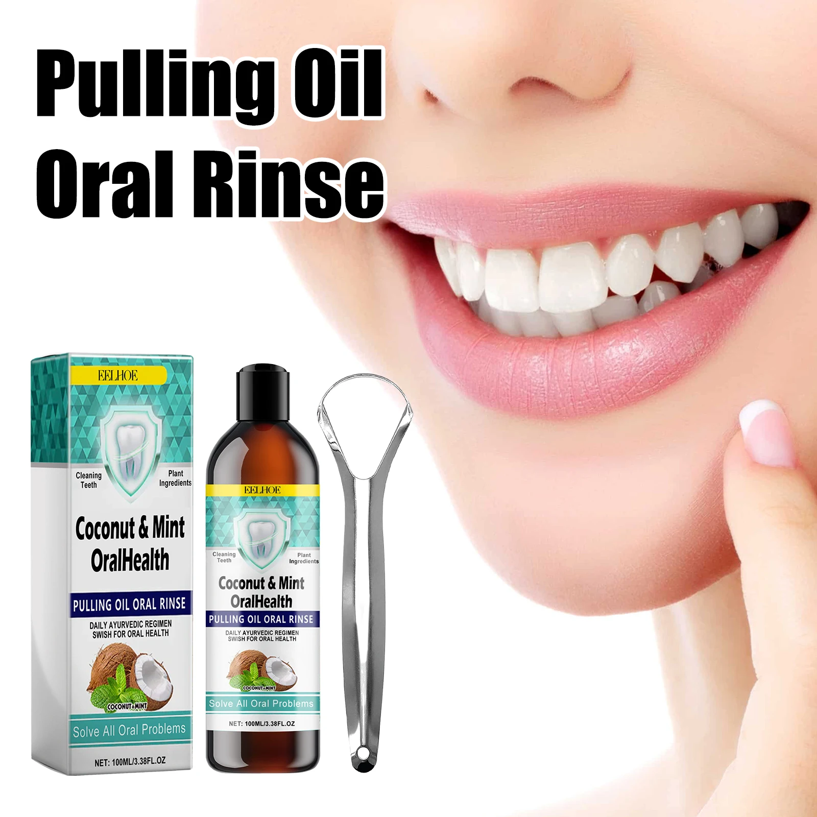 Coconut Oils with Peppermint Alcohol-Free Mouthwash for Fresh Breath &Gum Health Pulling Oil Mouth Wash with Tongue Scraper