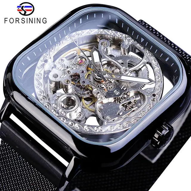 Forsining Watch Mechanical Skeleton Watches Gold Square Transparent Luxury Gold Relogio Masculino Erkek Kol Saati 7 Buyer