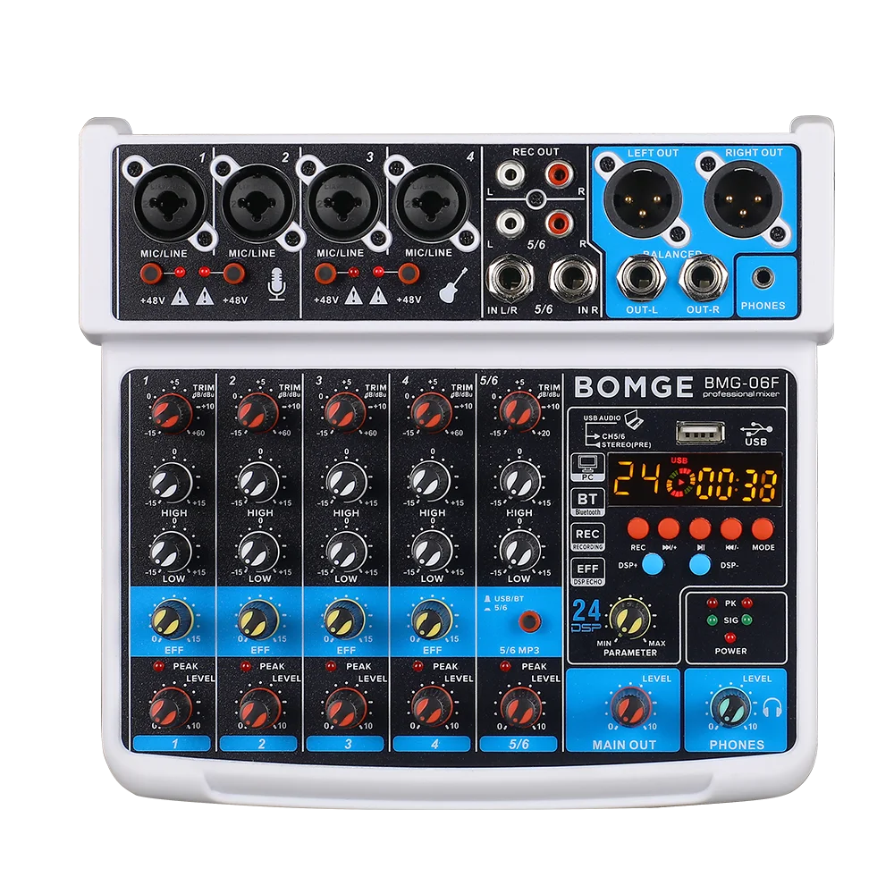BMG-06F 6 Input Audio Mixer 6 Channel Analog Mixing Console with USB,48V,24 DSP