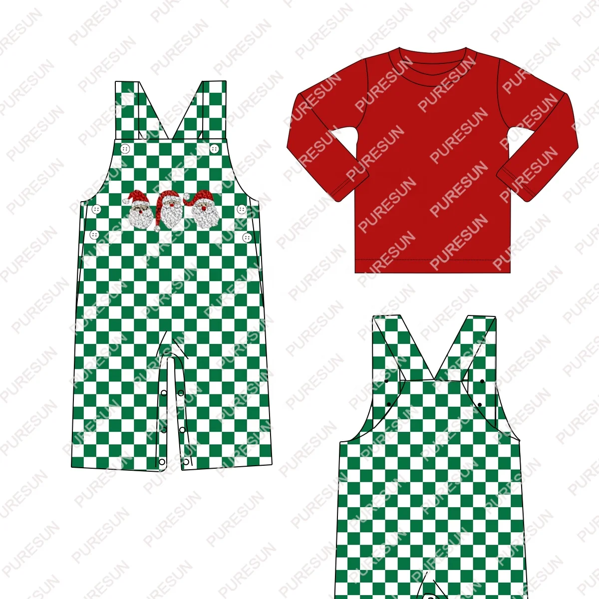 Puresun christmas children clothing custom designs cotton ruffle girls outfits clothing sets with santa french knot embroidery