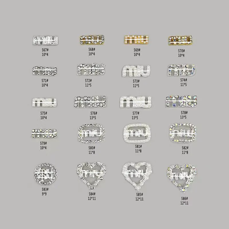 2024 luxury brand LOGO nail charms gold silver full zircon metal pearl nail parts 3D style LOGO nail art